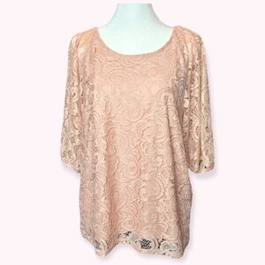 Adrianna Papell Blush Pink Metallic Lace Overlay 3/4 Sleeve Blouse Size Medium